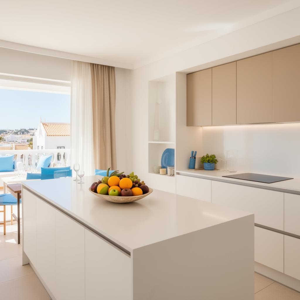 Cozinha de apartamento turístico limpa e arrumada